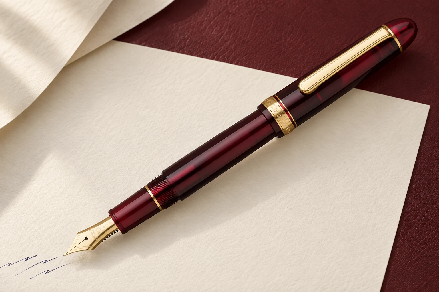 Platinum #3776 Century Bourgogne with gold trim on ivory writing paper, editorial illustration